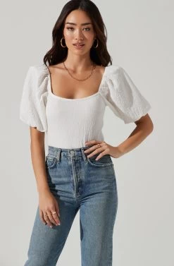 Puff Sleeve Textured Bodysuit -Chic Outfit Shop AT17265A WHITE 5