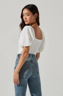 Puff Sleeve Textured Bodysuit -Chic Outfit Shop AT17265A WHITE 8