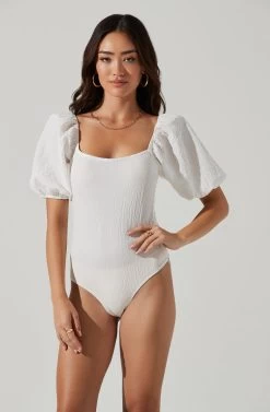 Puff Sleeve Textured Bodysuit -Chic Outfit Shop AT17265A WHITE 9