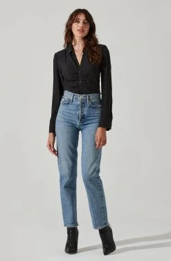 Textured Ruched Button Up -Chic Outfit Shop AT17371 BLACK 1