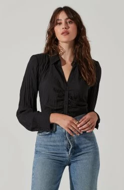 Textured Ruched Button Up -Chic Outfit Shop AT17371 BLACK 2