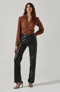 Textured Ruched Button Up -Chic Outfit Shop AT17371 BROWN 2