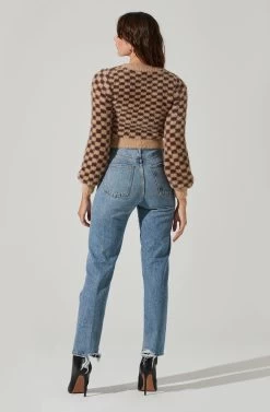 Check Fuzzy Knit Cropped Cardigan 8 Check Fuzzy Knit Cropped Cardigan -Chic Outfit Shop AT17412 TANBROWNCHECK 4