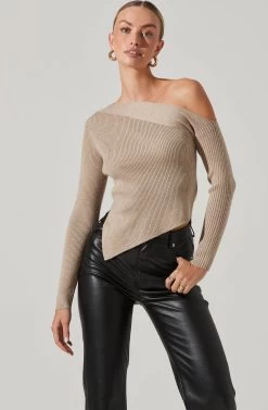 Off Shoulder Ribbed Knit Sweater 24 Off Shoulder Ribbed Knit Sweater -Chic Outfit Shop AT17433A OATMEAL 2