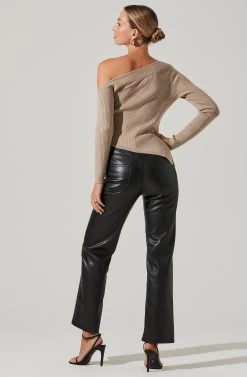 Off Shoulder Ribbed Knit Sweater 26 Off Shoulder Ribbed Knit Sweater -Chic Outfit Shop AT17433A OATMEAL 4