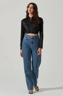 Sutton Satin Button Up Crop Top 21 Sutton Satin Button Up Crop Top -Chic Outfit Shop AT17617 BLACK 2