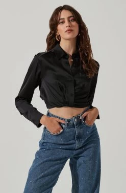 Sutton Satin Button Up Crop Top 20 Sutton Satin Button Up Crop Top -Chic Outfit Shop AT17617 BLACK 4