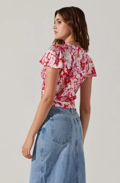 Satin V Neck Flutter Sleeve Top 25 Satin V Neck Flutter Sleeve Top -Chic Outfit Shop AT17746 REDLILACFLORAL 6