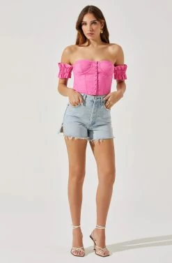 Off Shoulder Ruffle Corset Top 15 Off Shoulder Ruffle Corset Top -Chic Outfit Shop AT17767L PINK 2
