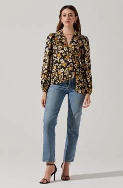 Asymmetrical Collared Floral Wrap Top 21 Asymmetrical Collared Floral Wrap Top -Chic Outfit Shop AT17922 BLACKYELLOWFLORAL 1