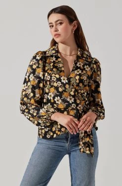 Asymmetrical Collared Floral Wrap Top 20 Asymmetrical Collared Floral Wrap Top -Chic Outfit Shop AT17922 BLACKYELLOWFLORAL 4