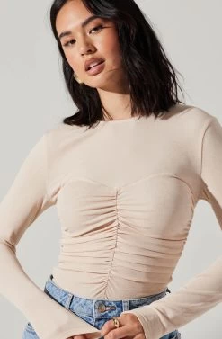 Center Ruched Long Sleeve Top -Chic Outfit Shop AT17923 CREAM 3