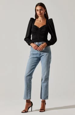 Long Sleeve Ruched Puff Sleeve Top -Chic Outfit Shop AT17932YS BLACK 2