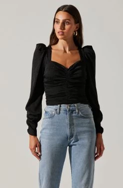 Long Sleeve Ruched Puff Sleeve Top -Chic Outfit Shop AT17932YS BLACK 3