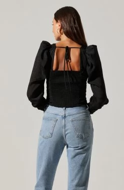 Long Sleeve Ruched Puff Sleeve Top -Chic Outfit Shop AT17932YS BLACK 6
