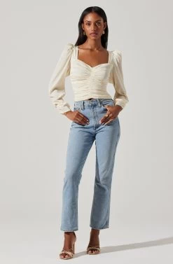 Long Sleeve Ruched Puff Sleeve Top -Chic Outfit Shop AT17932YS CREAM 4