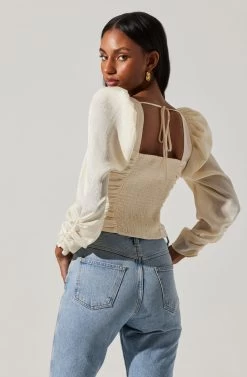 Long Sleeve Ruched Puff Sleeve Top -Chic Outfit Shop AT17932YS CREAM 6