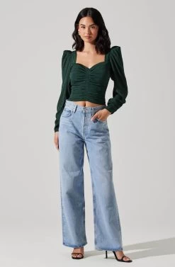 Long Sleeve Ruched Puff Sleeve Top -Chic Outfit Shop AT17932YS HUNTERGREEN 2