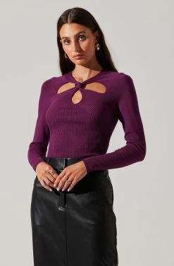 Twist Neck Cutout Sweater 20 Twist Neck Cutout Sweater -Chic Outfit Shop AT17944 PLUM 1