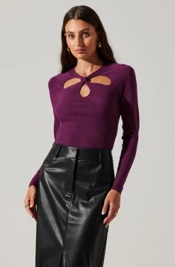 Twist Neck Cutout Sweater 23 Twist Neck Cutout Sweater -Chic Outfit Shop AT17944 PLUM 5