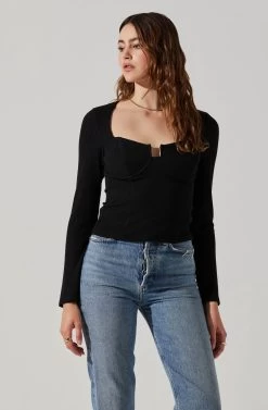 Long Sleeve Cupped Bust Knit Top 10 Long Sleeve Cupped Bust Knit Top -Chic Outfit Shop AT17996 BLACK 3