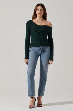 Asymmetrical Foldover Sweater -Chic Outfit Shop AT18062 DEEPGREEN 1