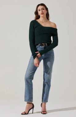 Asymmetrical Foldover Sweater -Chic Outfit Shop AT18062 DEEPGREEN 2