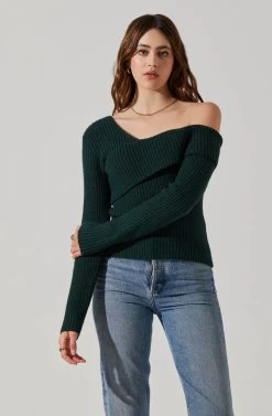 Asymmetrical Foldover Sweater -Chic Outfit Shop AT18062 DEEPGREEN 3