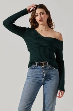 Asymmetrical Foldover Sweater -Chic Outfit Shop AT18062 DEEPGREEN 4