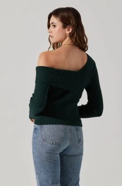 Asymmetrical Foldover Sweater -Chic Outfit Shop AT18062 DEEPGREEN 6