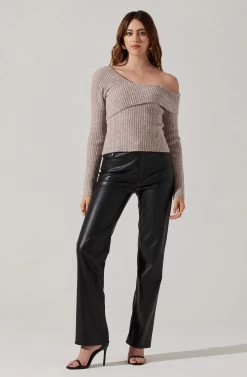 Asymmetrical Foldover Sweater -Chic Outfit Shop AT18062 TAUPE 2