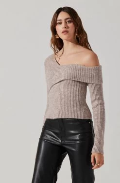 Asymmetrical Foldover Sweater -Chic Outfit Shop AT18062 TAUPE 3